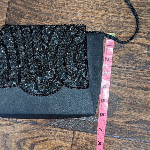 Vintage Evening Bag Mini Crossbody Sequin Black Satin - Picture 6 of 10